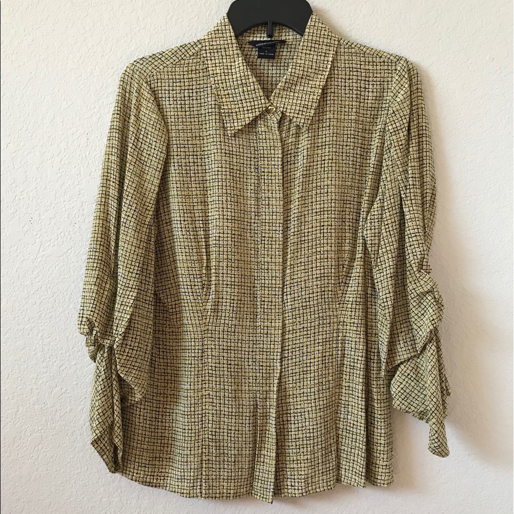MODA International Pleated Sleeves Window pane Silk Top Size Large